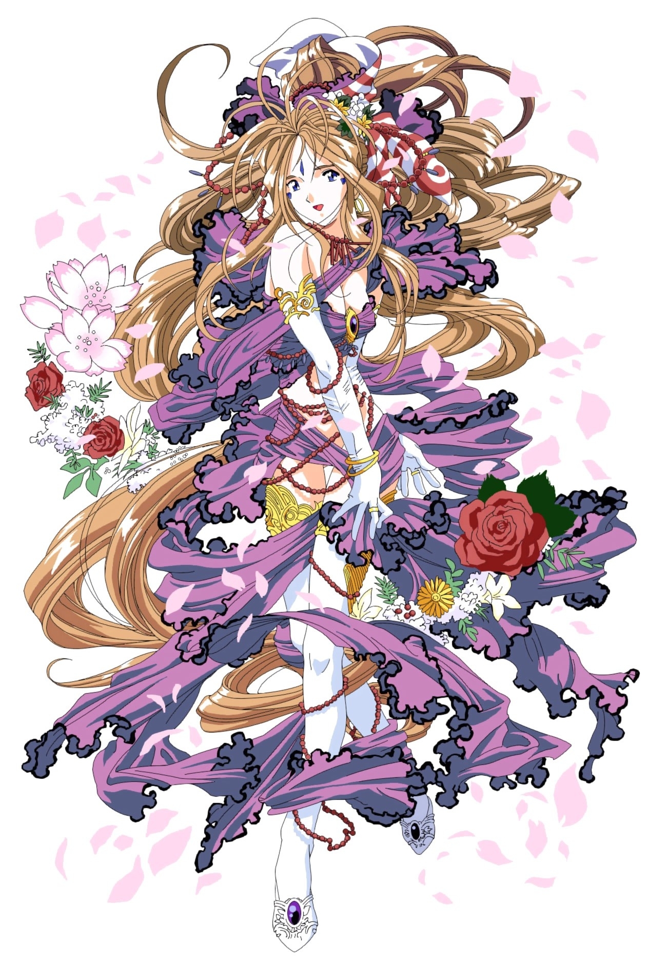 1300x1879   Скачать 1300x1879 Брюнетки женщины цветы голубые глаза длинные кольца для волос belldandy улыбается ах моя богиня произведения искусства браслеты wallpaper