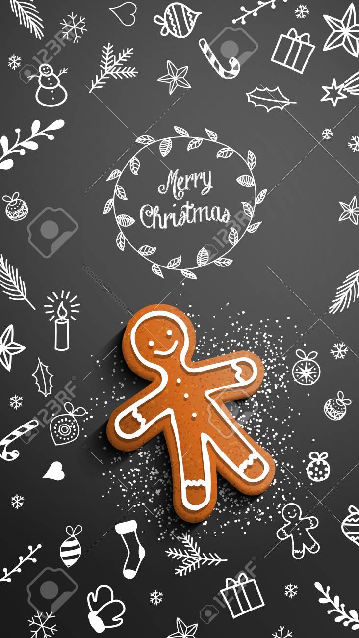 732x1300  Christmas Theme Gingerbread Man, лежа на доске с мелом на белом фоне Клипарты векторы и Набор Иллюстраций Без Оплаты Отчислений. Изображение 109770402 .