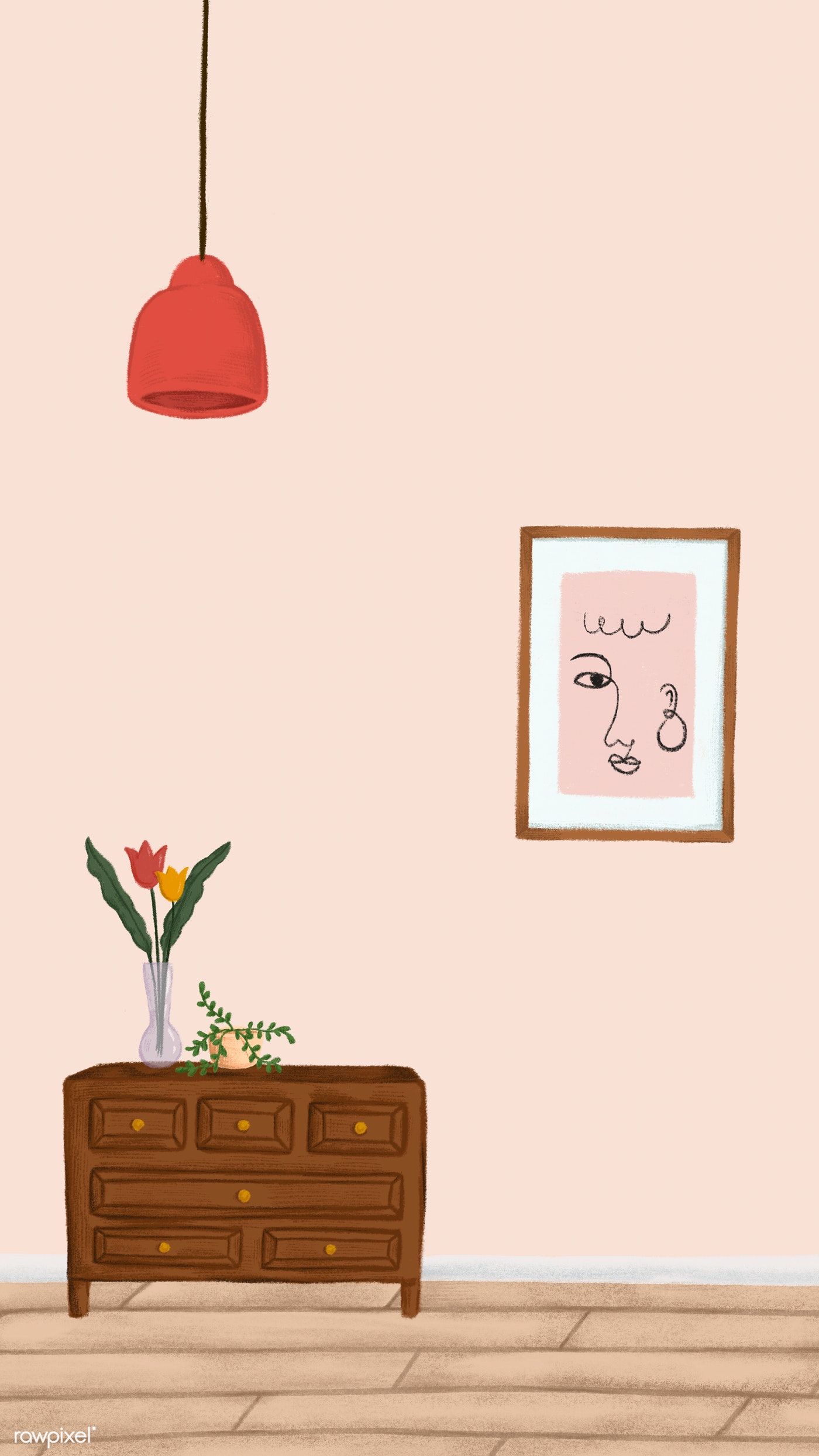 1400x2489  Загрузить премиальную иллюстрацию деревянного шкафа в персиково-розовой комнате | Персиковые обои Фон с акварельным рисунком Розовая комната 