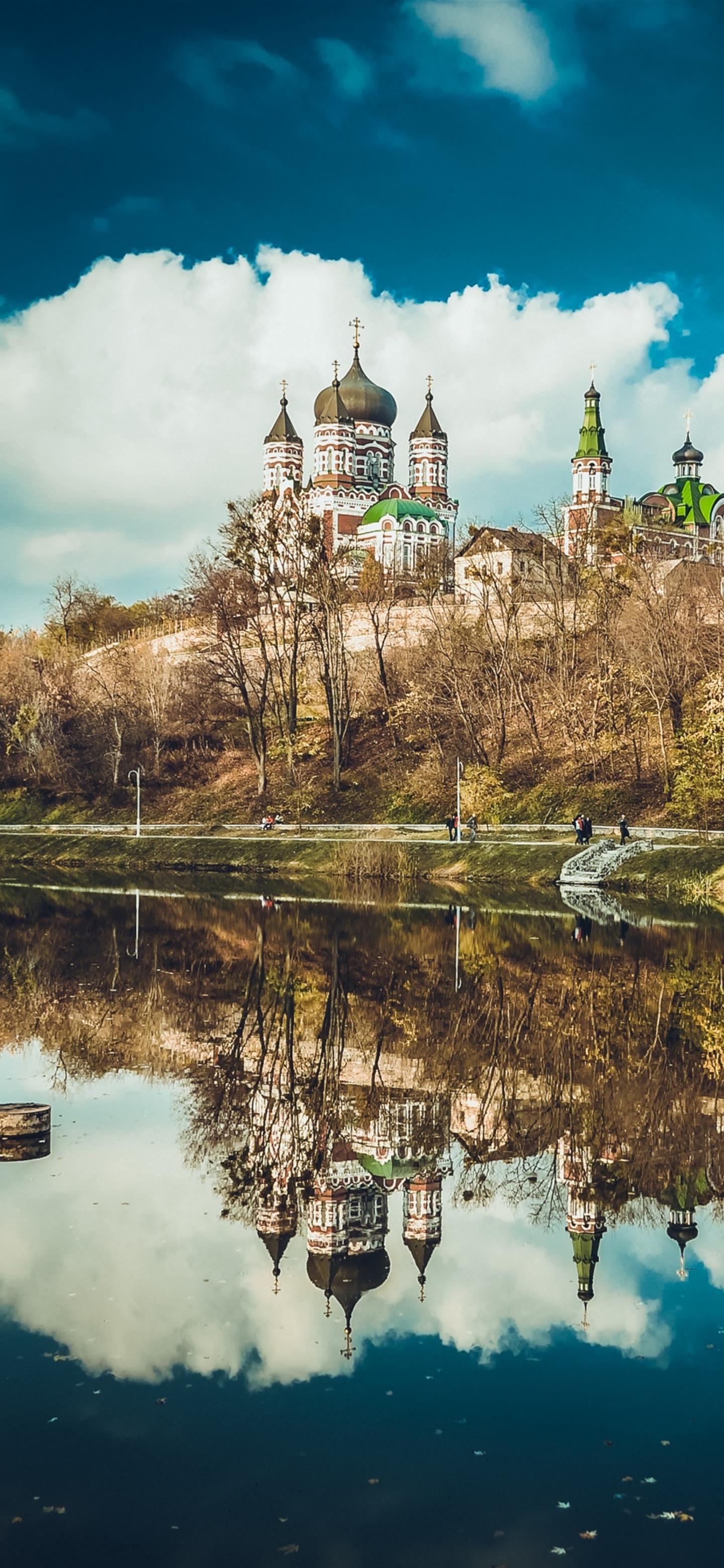1440x3120  Feofania Kiev Cathedral Reflection Pond - Скачать обои для телефона Android | InstaWallpaper