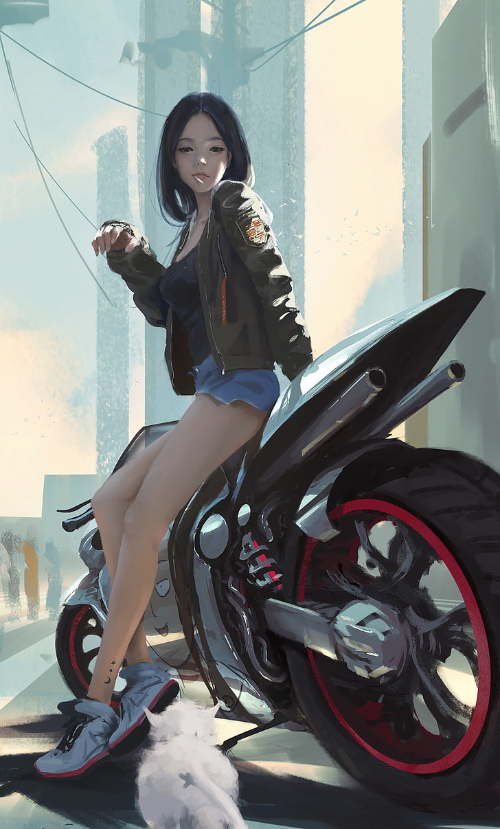 728x1207 Cyberpunk Biker Girl Morcycle 4K Wallpaper # 6.427 