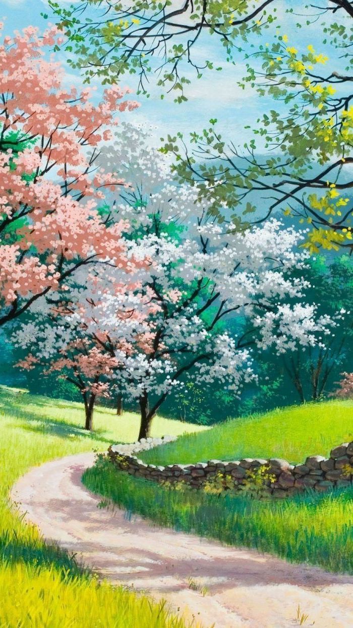 700x1244   painting-phone-wallpaper-happyys-rping-images-pathway-blooming-trees-green-grass in 2020 | Пейзаж обои Весенние фоновые изображения Природа обои 