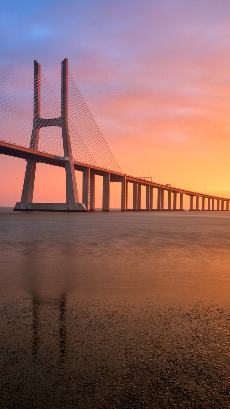 750x1334   Wallpaper Bridge, Sea, Coast, Sunset, Lissbon, Portugal 1920x1440 HD Picture, Image