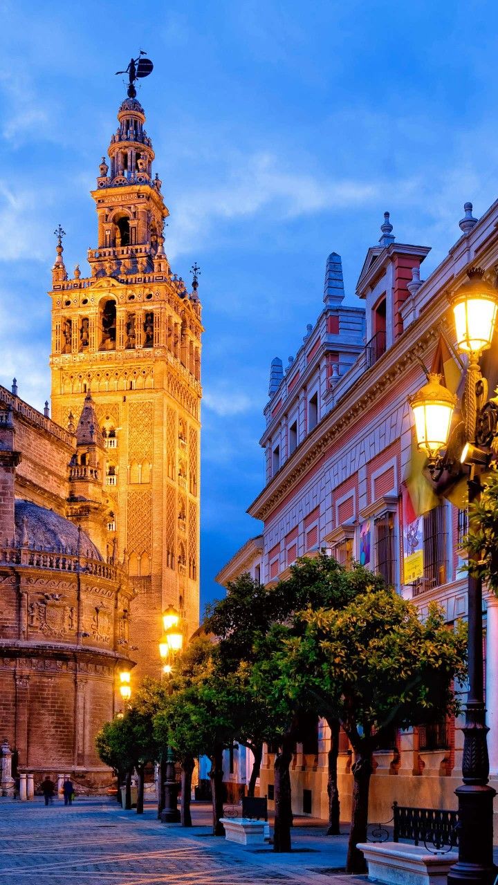 720x1280  hd: путешествия, архитектура, сумерки, город, освещенные, севильские | Обои Flare