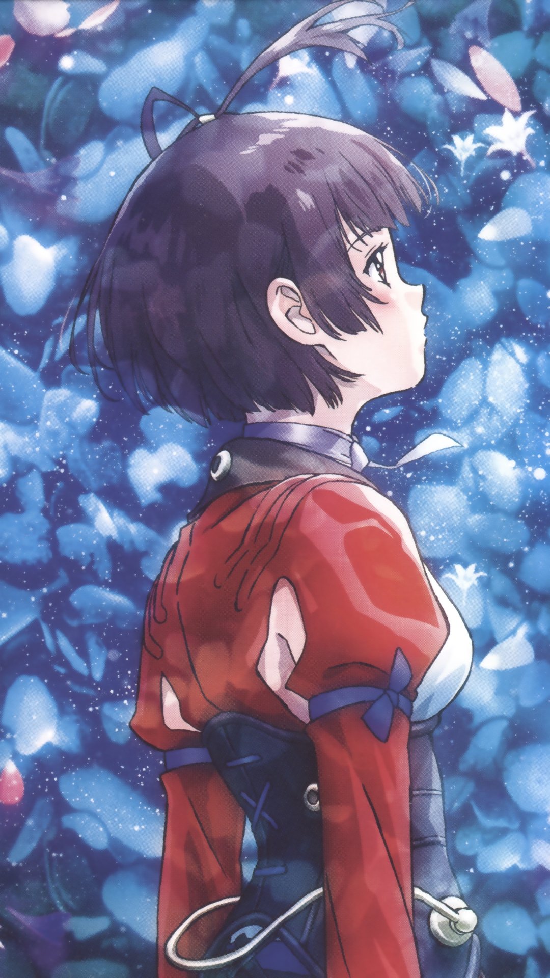 1080x1920   Wallpapers: kotetsujou no kabaneri, малая, лайт, лайки, не сжимай, не сжимай, не сжимай, лайт, лайки, не сжимай, не сжимай, лайт, не подходит для волос. Бюстгальтер, 2 -й, расщепление, брюнетка, солдат -женщина, синие ленты, глядя на зрителя, красные глаза, Мумеи, Ани Я, вертикальный, фанат art