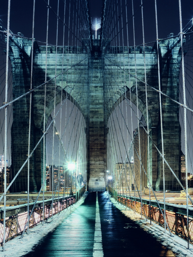 768x1024 brooklyn Bridge обои 4K, Нью -Йорк, CityScape, Ночное время, Городские огни, мир, #7799 