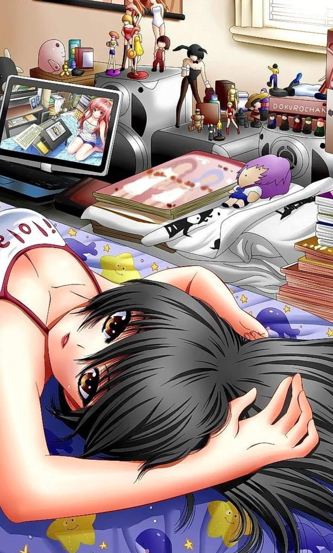 1280x2120  girl Anime в синей топе, лежащей на желтой кровать, HD обои | Обои Flare