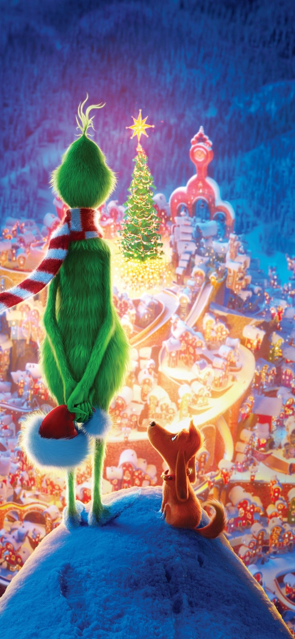 1125x2436  Santa Anime Girl Over Suindeer Night Stars Screenery Рождественские обои iPhone телефон 4K #4080e 