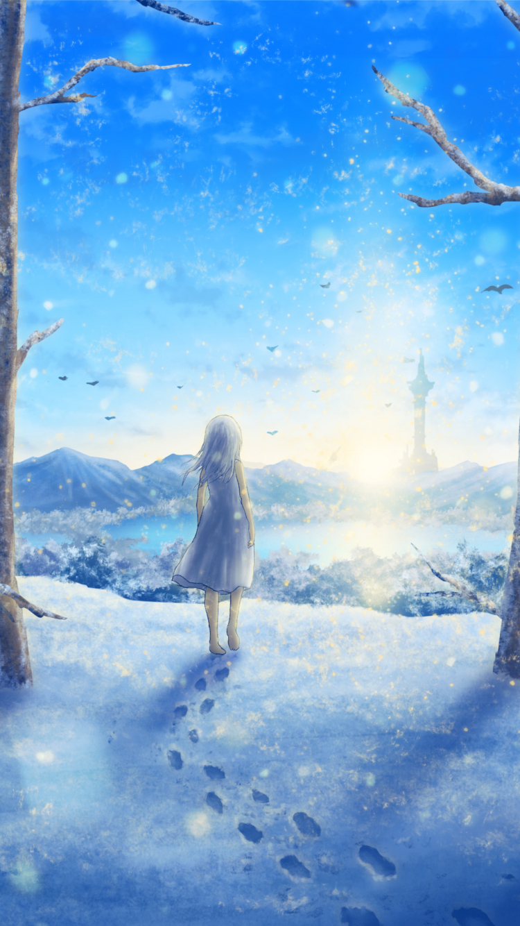 750x1334   Wallpaper Anime, Girl, Beauty, Winter, Rabbits, Snow, 4K, Art #16659 