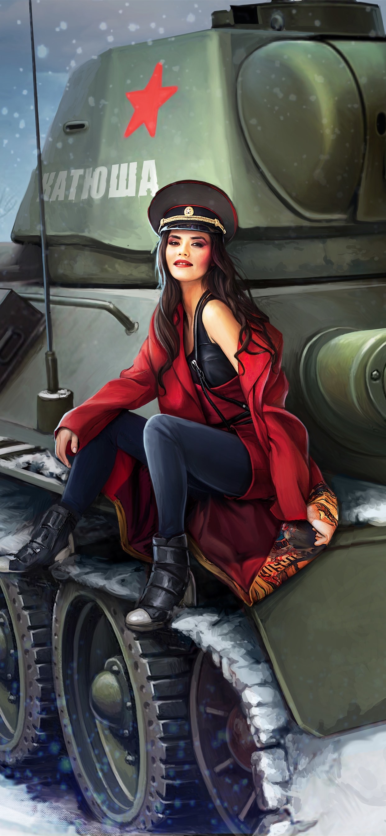 1242x2688  Русская девушка, танк, снег, зима, художественная картинка 1242x2688 iPhone 11 Pro/XS Max обои, фон, изображение, изображение