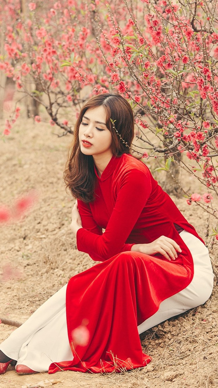 750x1334  Обои красное платье китайская девушка, розовые цветы, деревья, весна 1920x1200 HD Picture, изображение