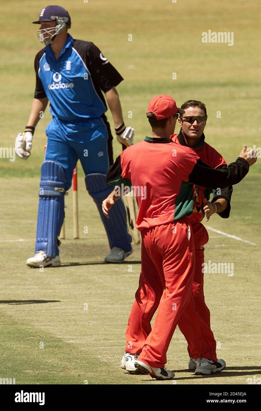 884x1390  Зимбабве Боулер Дирк Вилджэн празднует свой увольнение, пойманное и боудило Англию Энди Флинтоффа на один забег 1 октября 2001 года. Англия на 140 пробеже