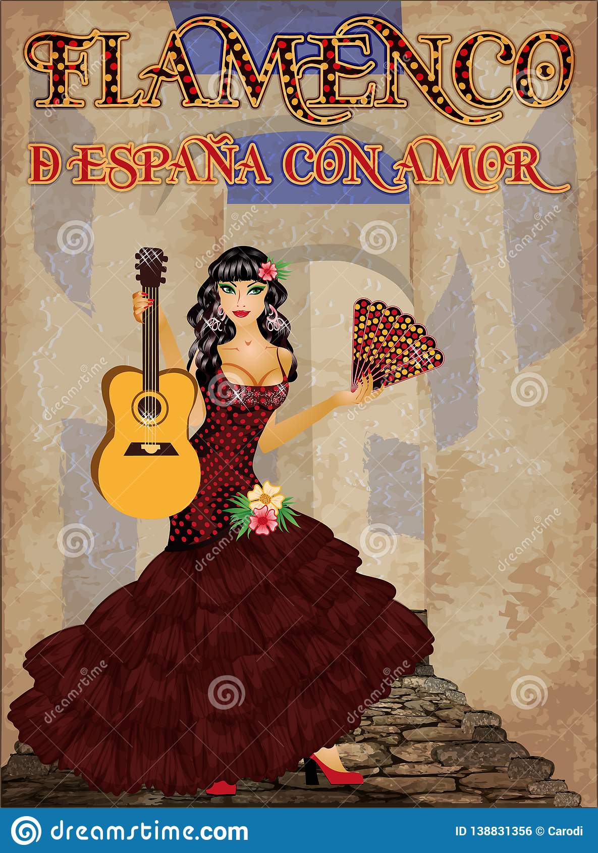 1185x1689  Flamenco.translation из Испании с любовью. Испанская девушка с фанатом и фламенко гитарным вектором - иллюстрация Fiesta, фольклор: 138831356