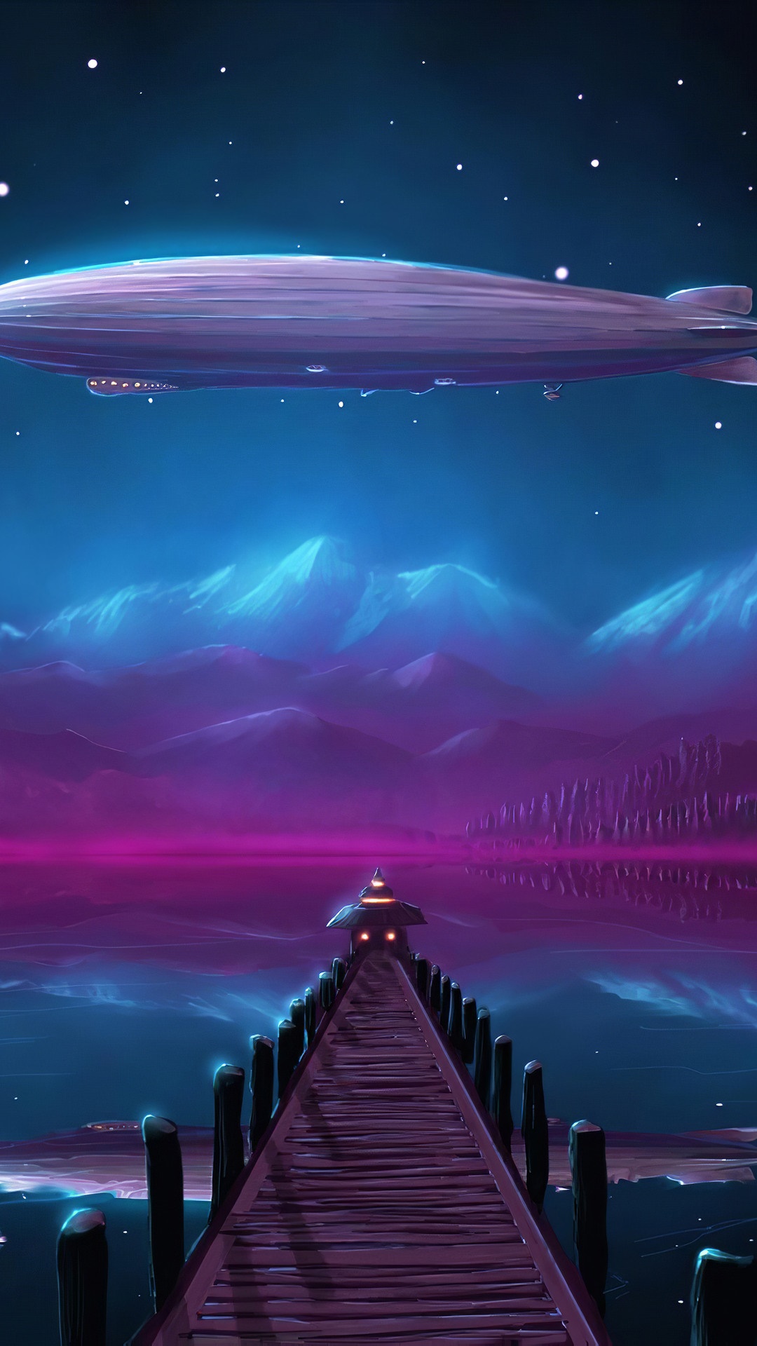 1080x1920  1398392 Zeppelin, Night, Lake, Digital Art - Редкая галерея HD обои
