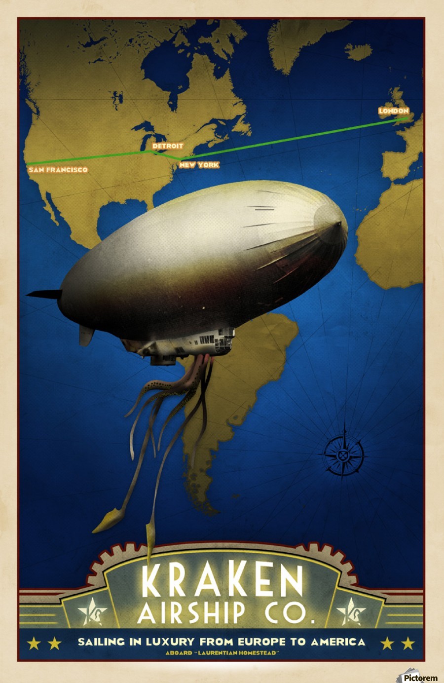 900x1384  Стимпанк дизельпанк Airship Art Deco Poster - винтажный плакат